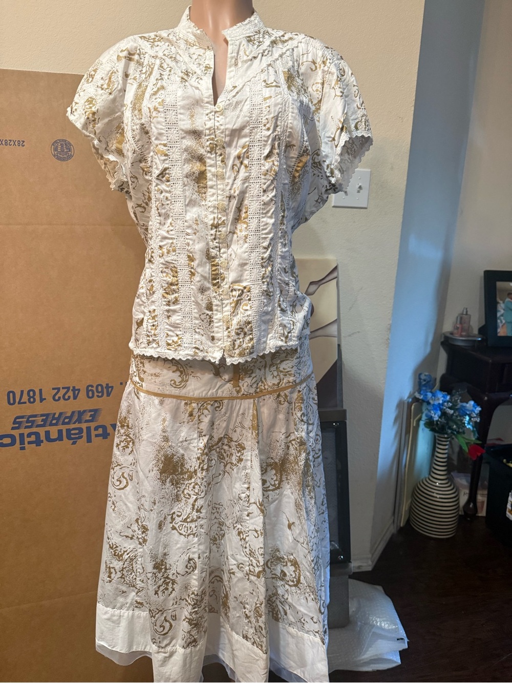 White and Gold Printed Crochet-Trim Blouse